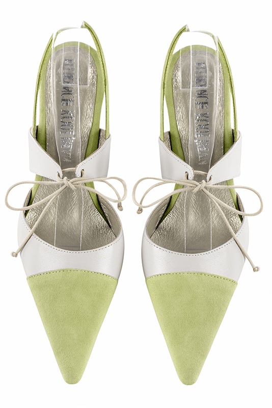 Meadow green and pure white women's open back shoes, with an instep strap. Pointed toe. High slim heel. Top view - Florence KOOIJMAN